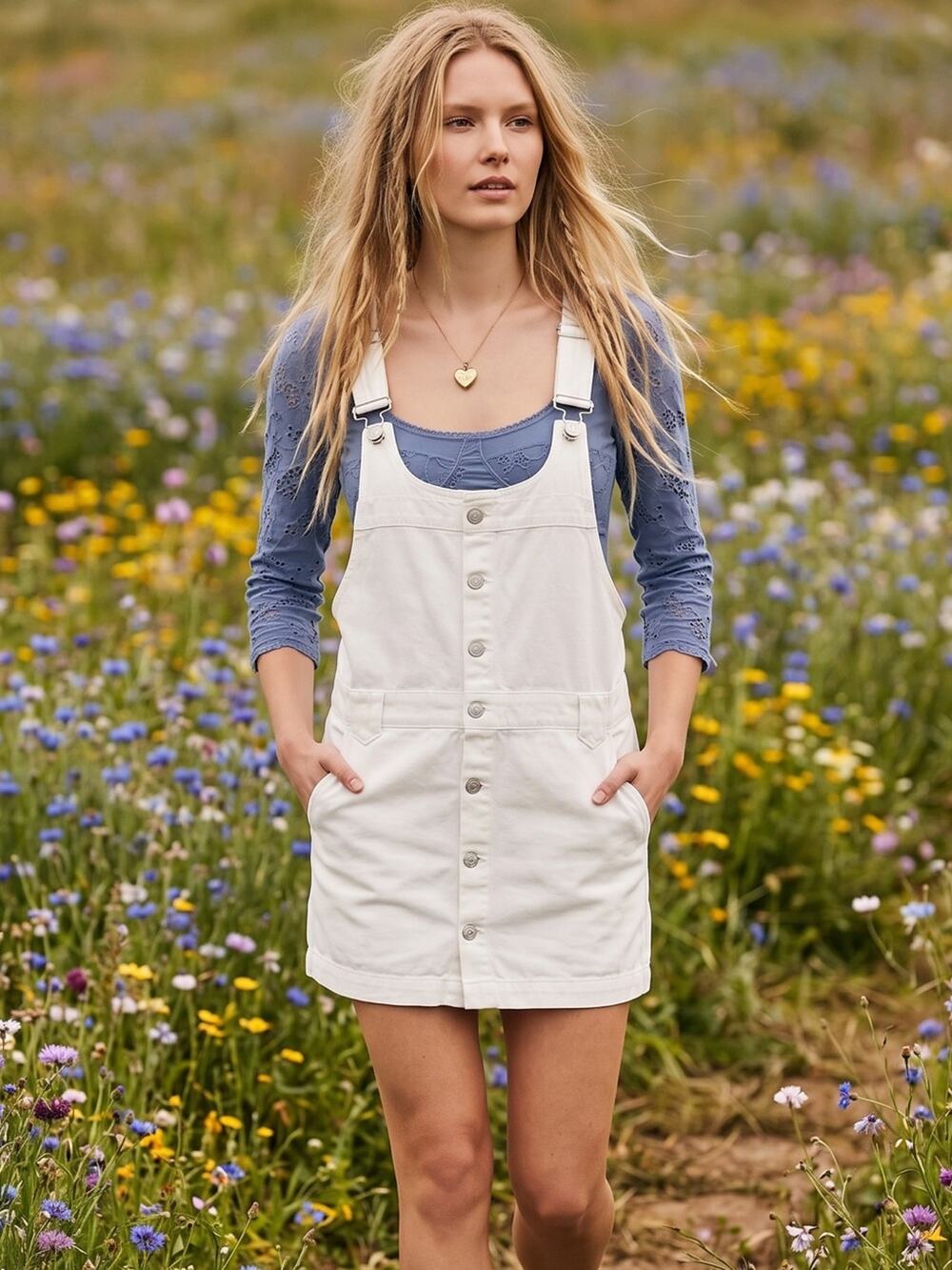 Free People Bohemian Pinafore Edie Denim Jean Skirtall Dress in White Medium